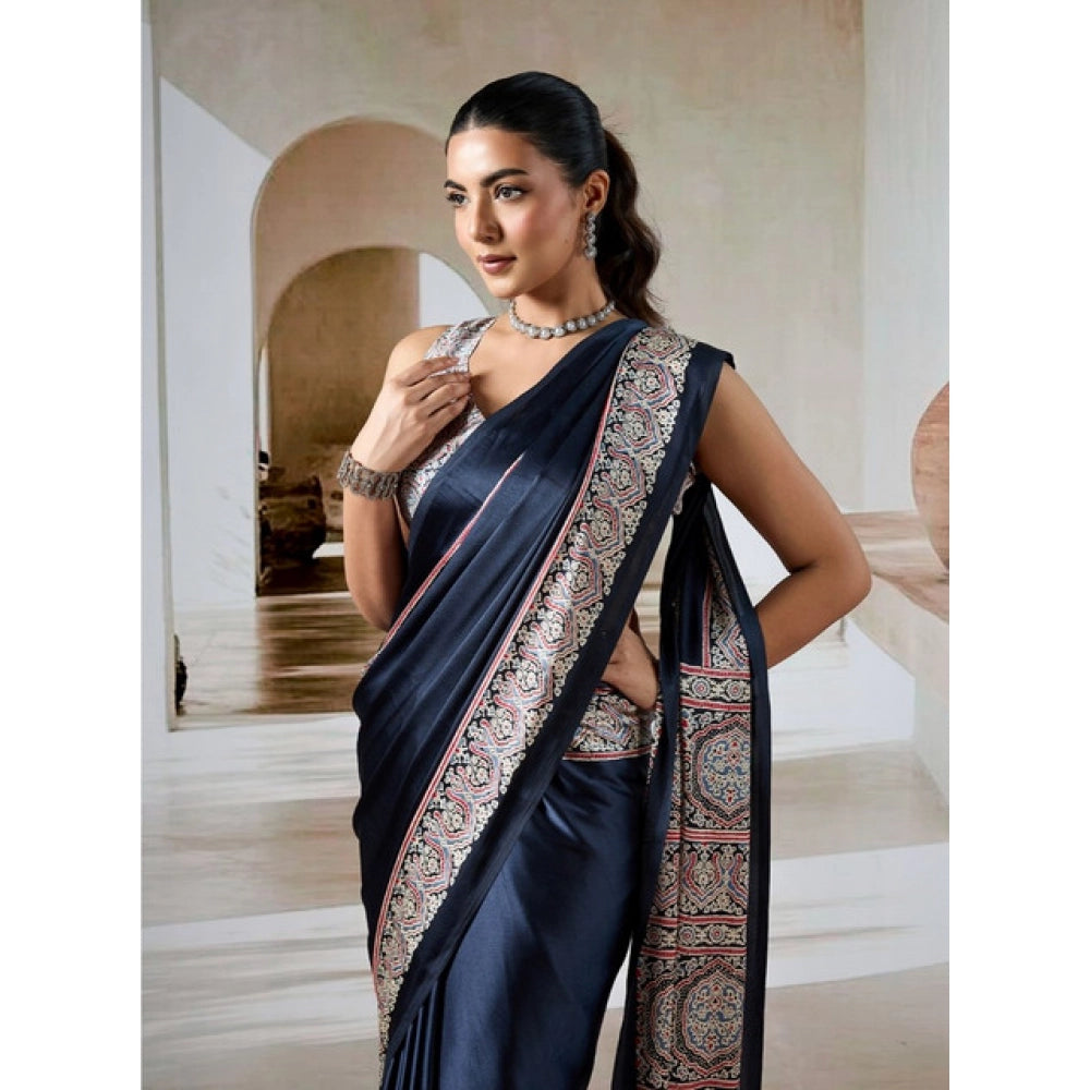 Vaystra Satin Crepe Printed Saree With Unstitched Blouse 5.5Mtr – Navy Blue