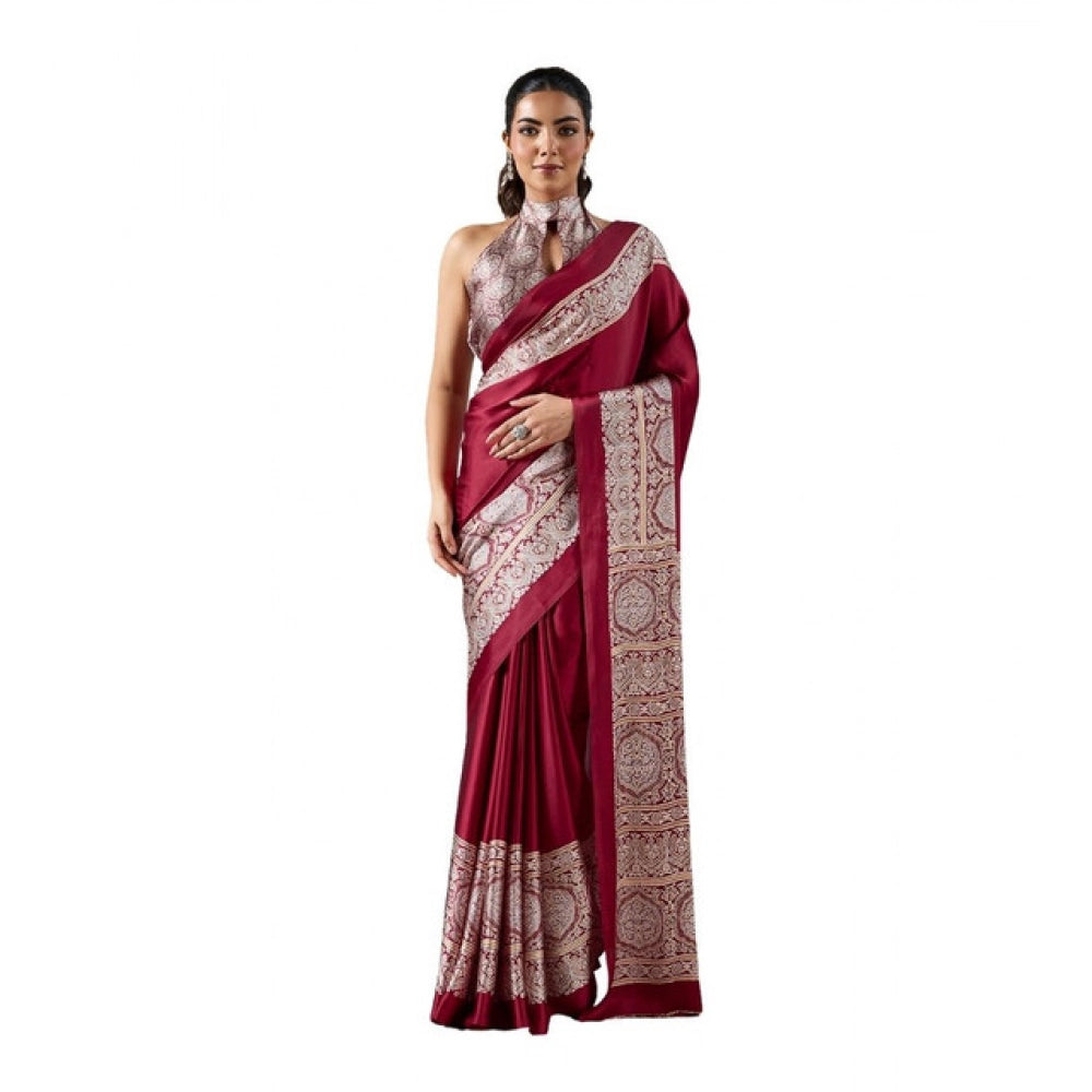 Vaystra Satin Crepe Printed Saree With Unstitched Blouse 5.5Mtr – Maroon