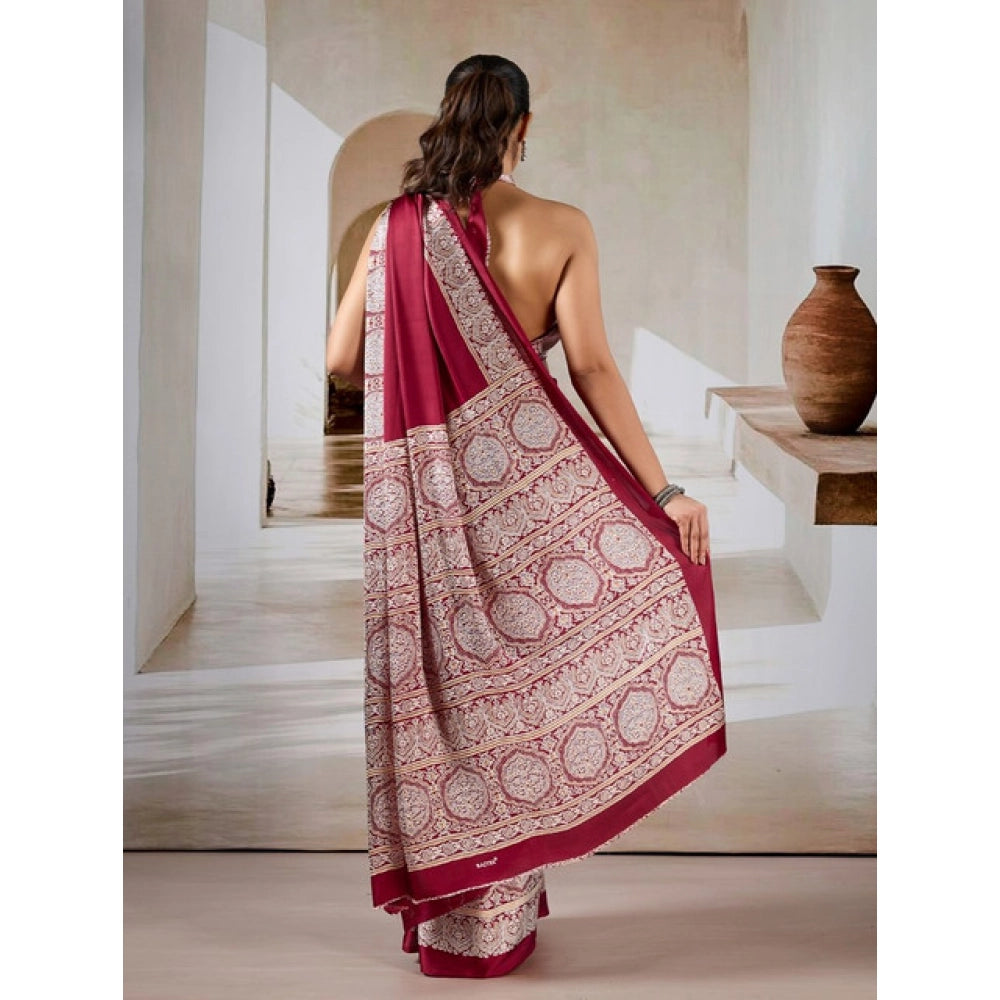 Vaystra Satin Crepe Printed Saree With Unstitched Blouse 5.5Mtr – Maroon