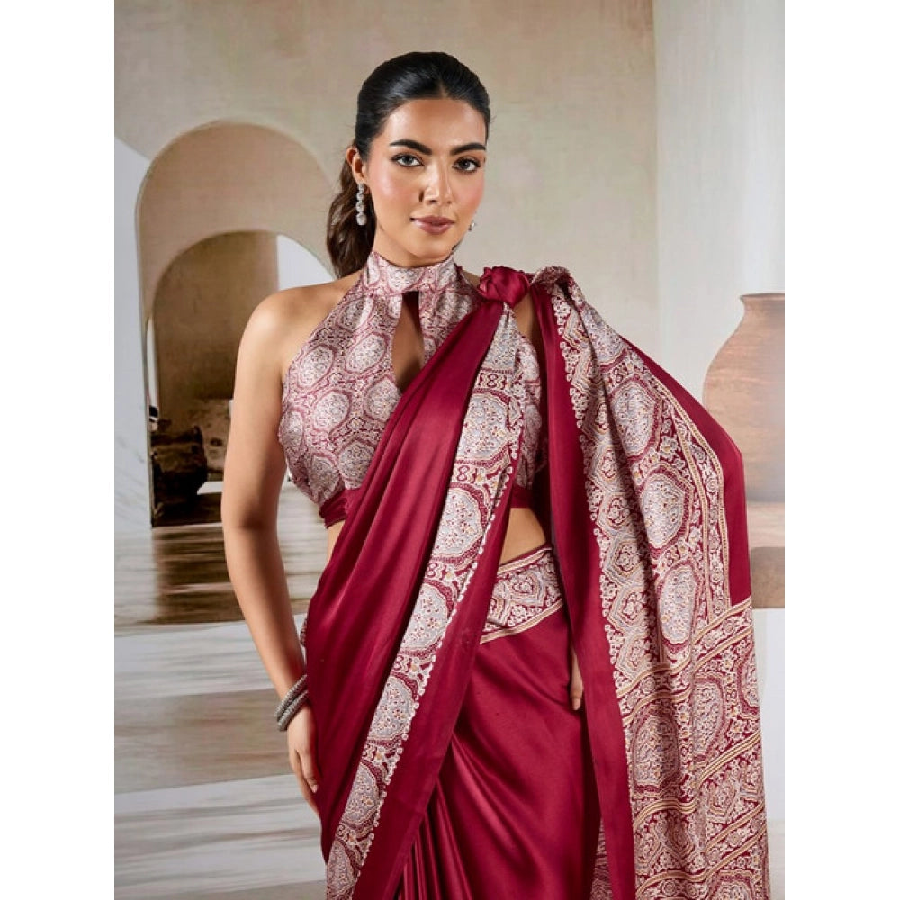 Vaystra Satin Crepe Printed Saree With Unstitched Blouse 5.5Mtr – Maroon