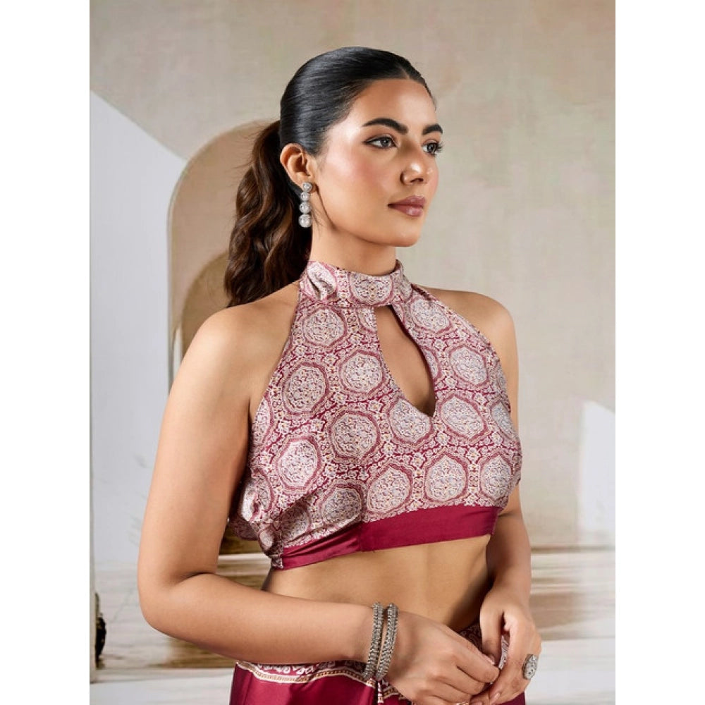Vaystra Satin Crepe Printed Saree With Unstitched Blouse 5.5Mtr – Maroon