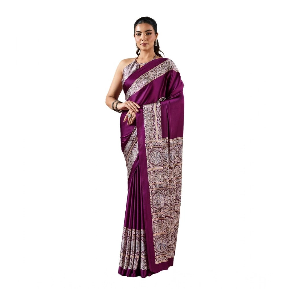 Vaystra Satin Crepe Printed Saree With Unstitched Blouse 5.5Mtr – Purple