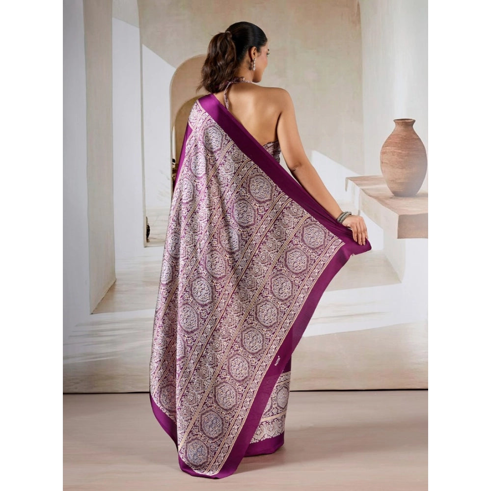 Vaystra Satin Crepe Printed Saree With Unstitched Blouse 5.5Mtr – Purple