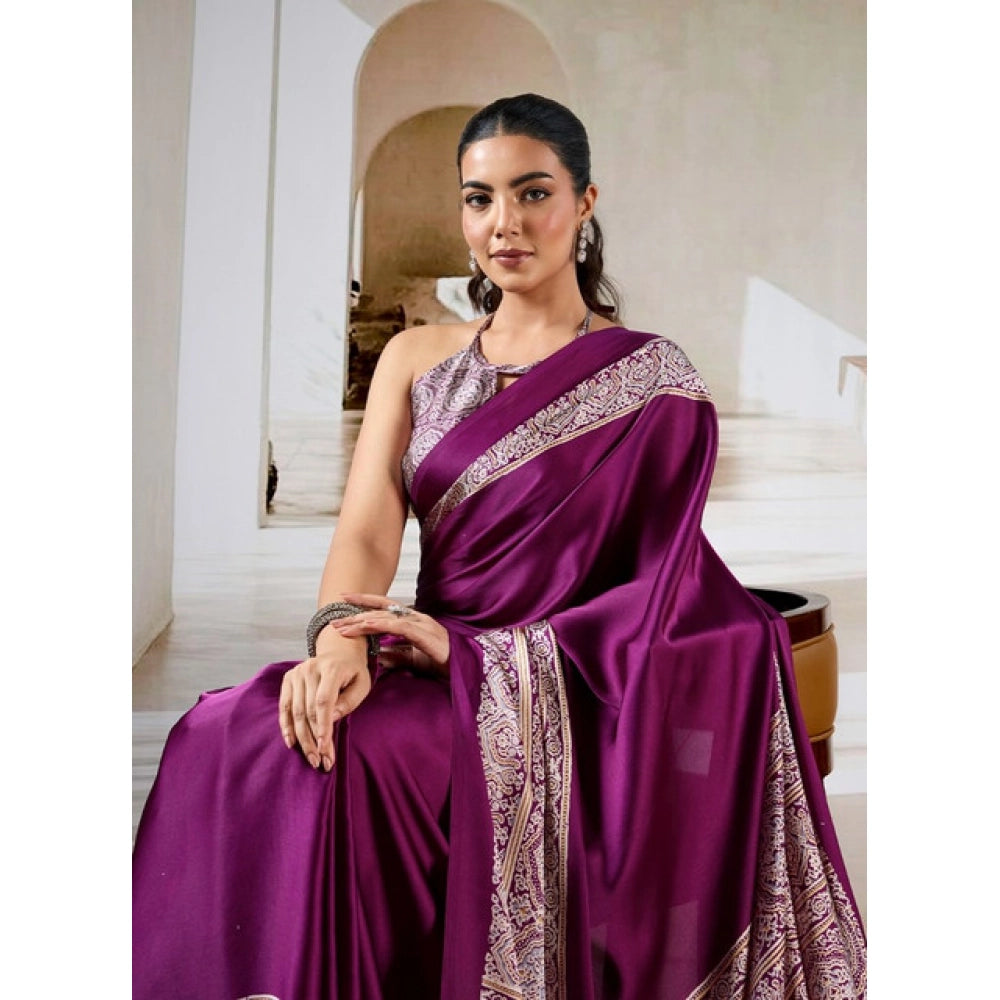 Vaystra Satin Crepe Printed Saree With Unstitched Blouse 5.5Mtr – Purple