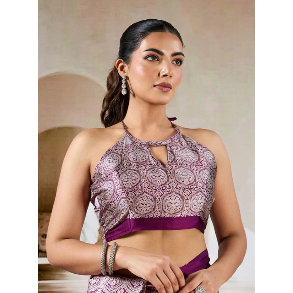 Vaystra Satin Crepe Printed Saree With Unstitched Blouse 5.5Mtr – Purple