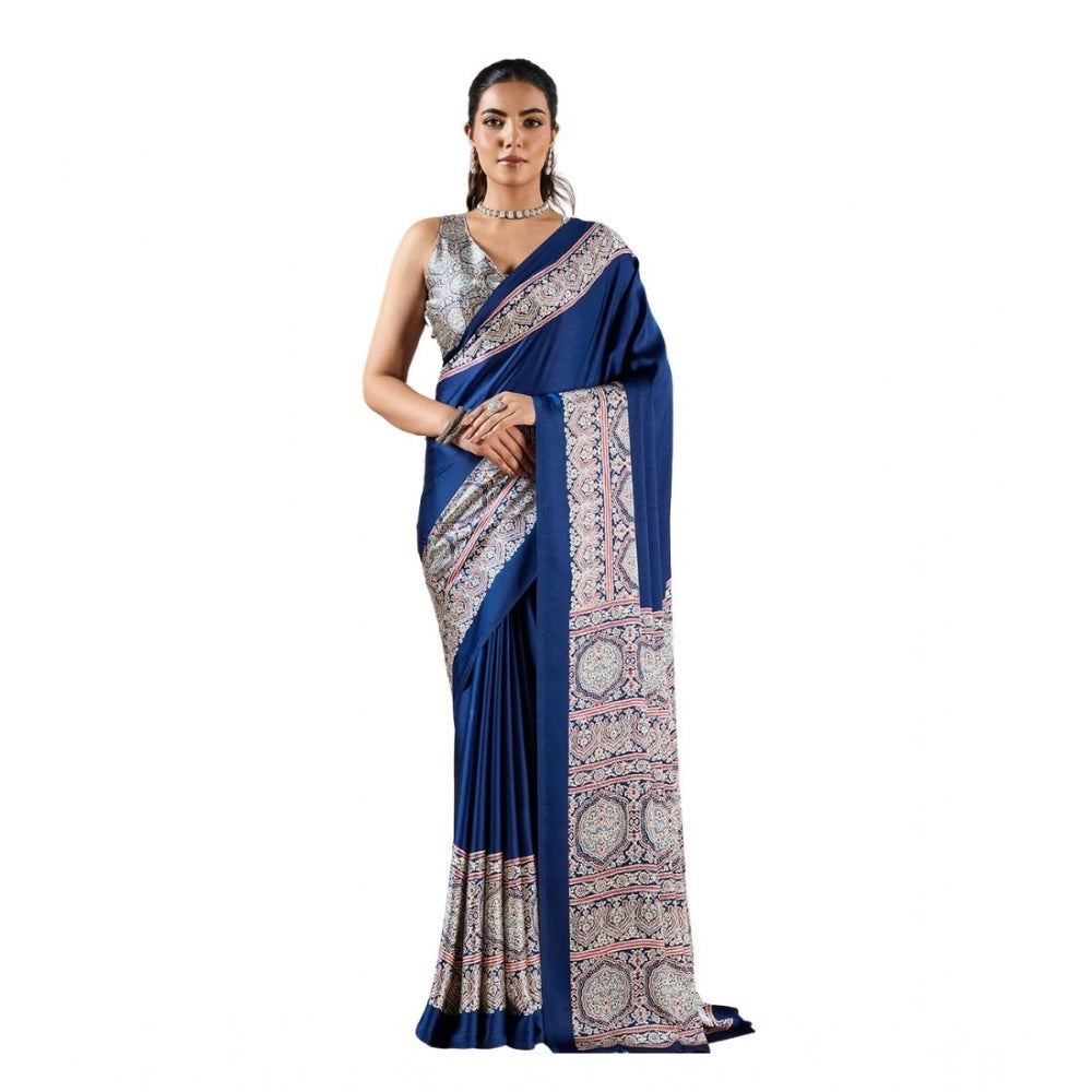Vaystra Satin Crepe Printed Saree With Unstitched Blouse 5.5Mtr – Blue