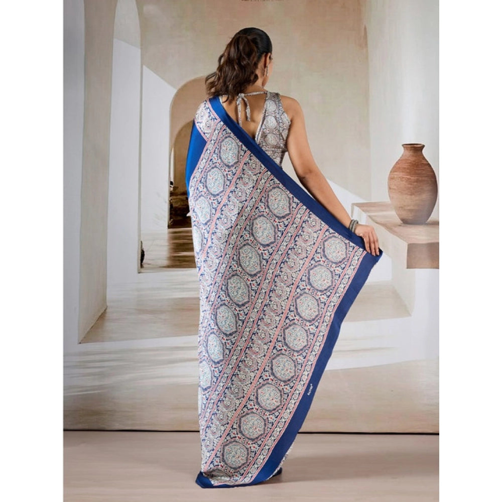 Vaystra Satin Crepe Printed Saree With Unstitched Blouse 5.5Mtr – Blue