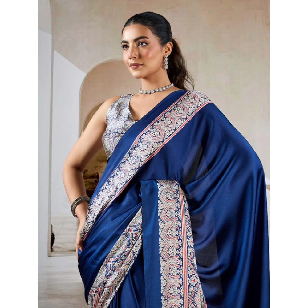 Vaystra Satin Crepe Printed Saree With Unstitched Blouse 5.5Mtr – Blue