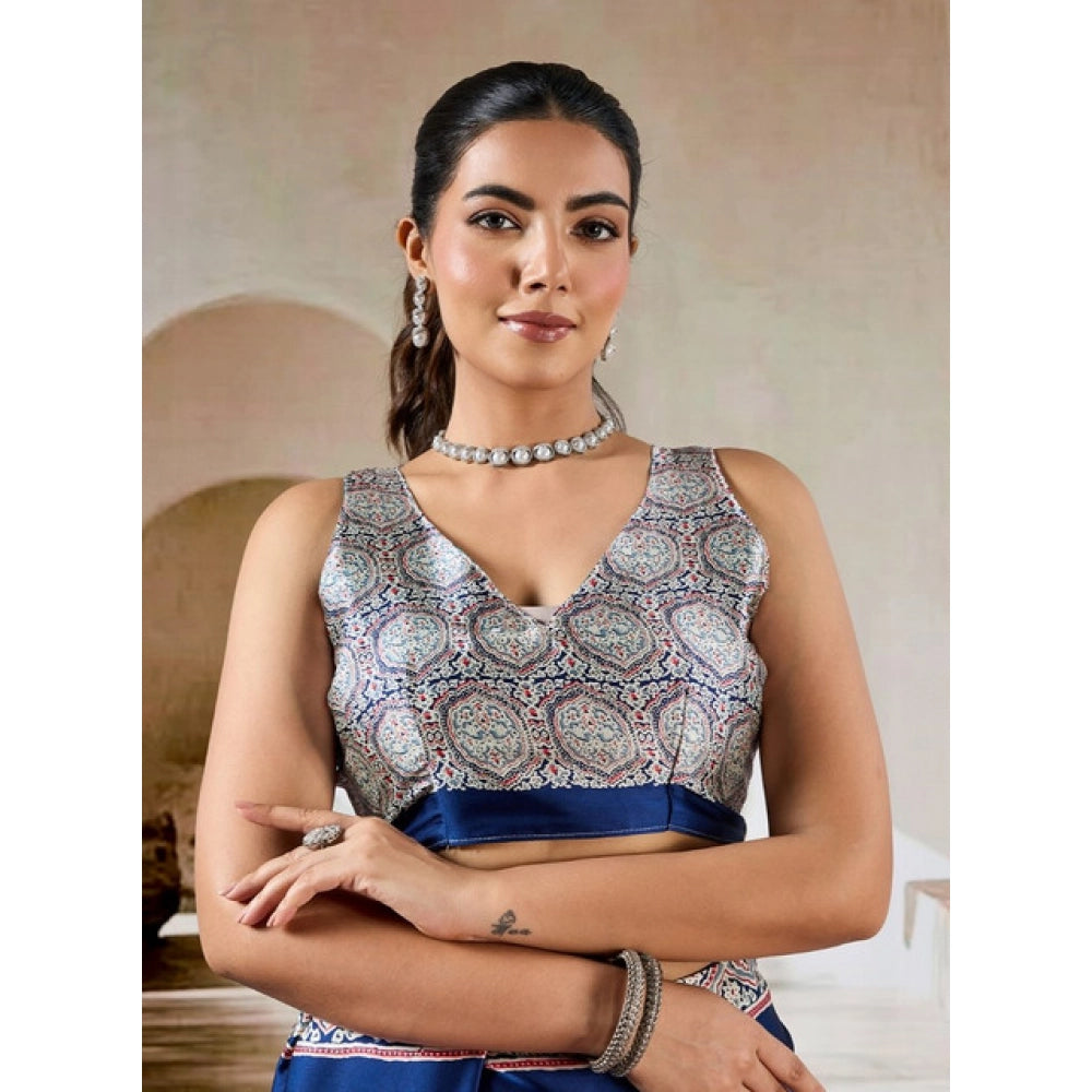 Vaystra Satin Crepe Printed Saree With Unstitched Blouse 5.5Mtr – Blue