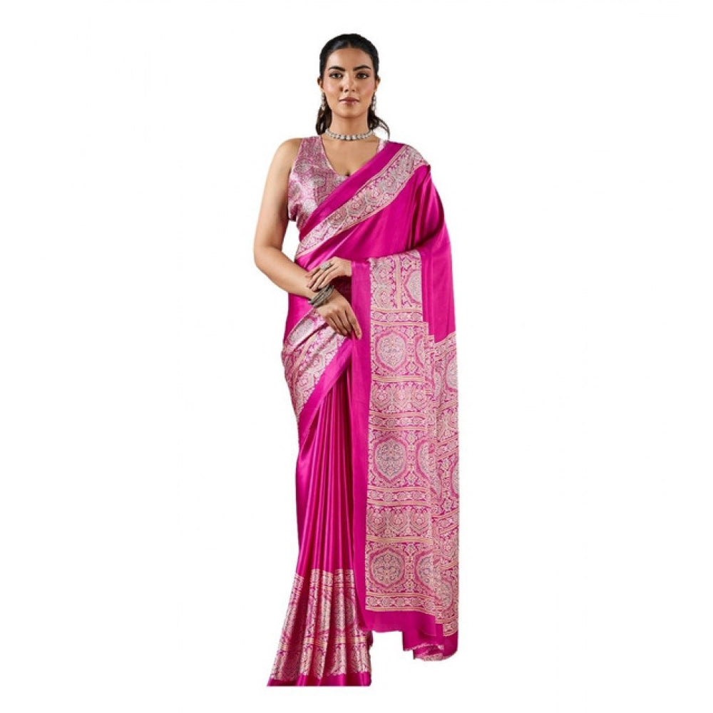 Vaystra Satin Crepe Printed Saree With Unstitched Blouse 5.5Mtr – Pink