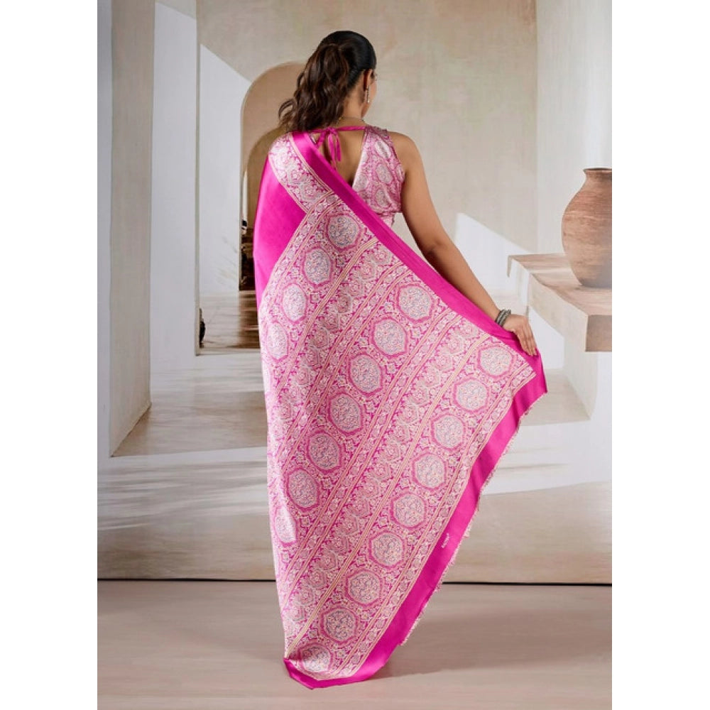 Vaystra Satin Crepe Printed Saree With Unstitched Blouse 5.5Mtr – Pink