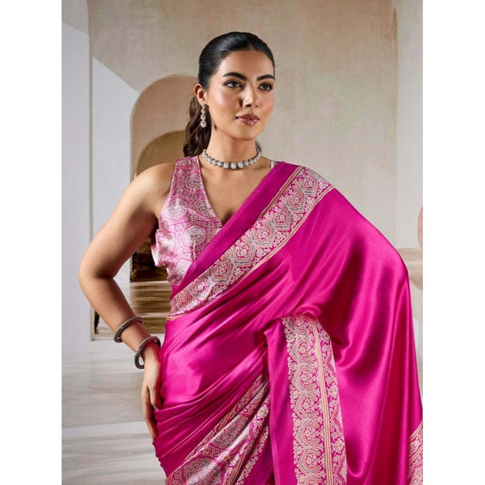 Vaystra Satin Crepe Printed Saree With Unstitched Blouse 5.5Mtr – Pink