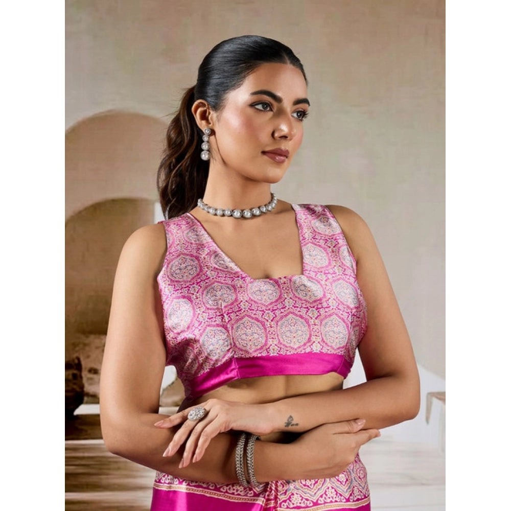 Vaystra Satin Crepe Printed Saree With Unstitched Blouse 5.5Mtr – Pink