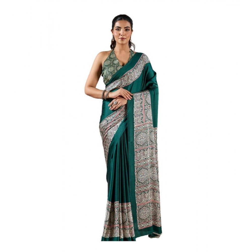 Vaystra Satin Crepe Printed Saree With Unstitched Blouse 5.5Mtr – Green
