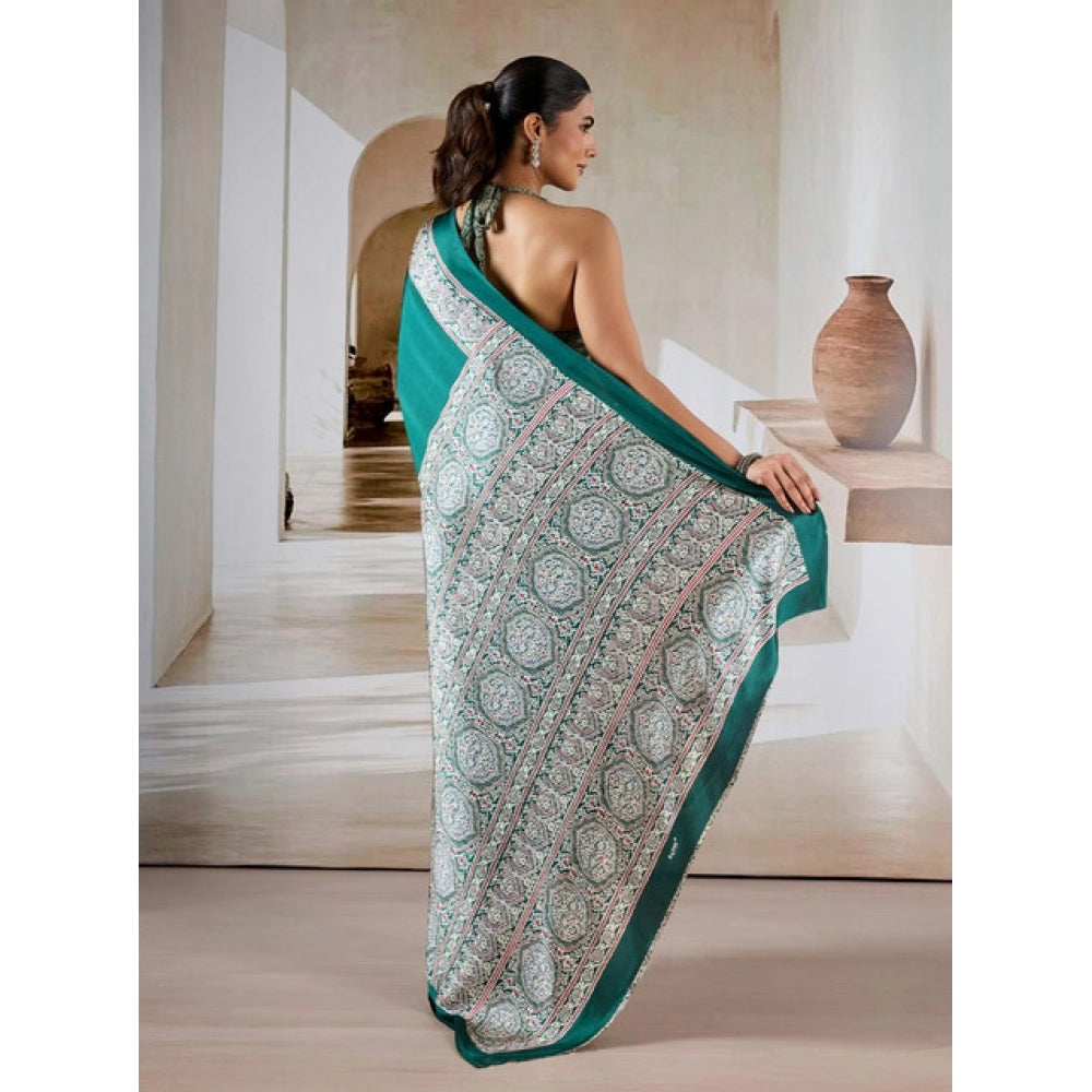 Vaystra Satin Crepe Printed Saree With Unstitched Blouse 5.5Mtr – Green