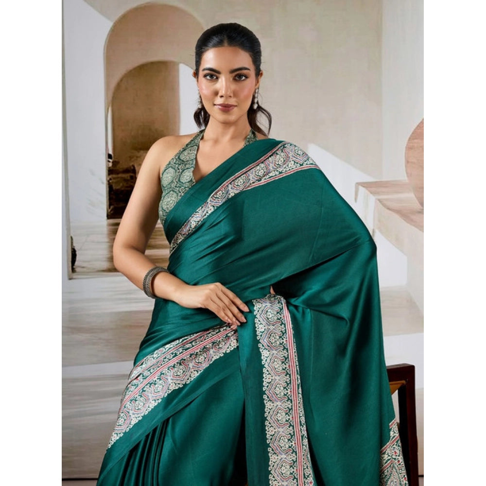 Vaystra Satin Crepe Printed Saree With Unstitched Blouse 5.5Mtr – Green