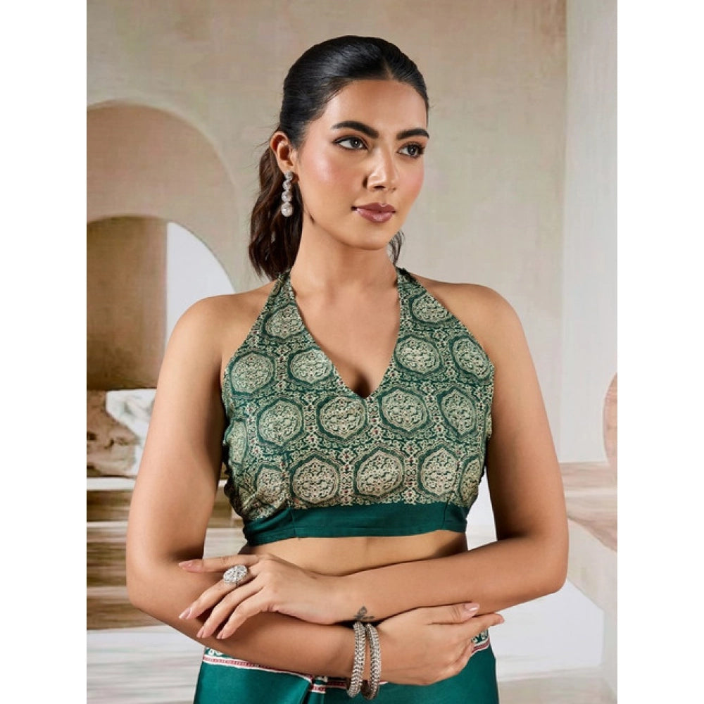 Vaystra Satin Crepe Printed Saree With Unstitched Blouse 5.5Mtr – Green
