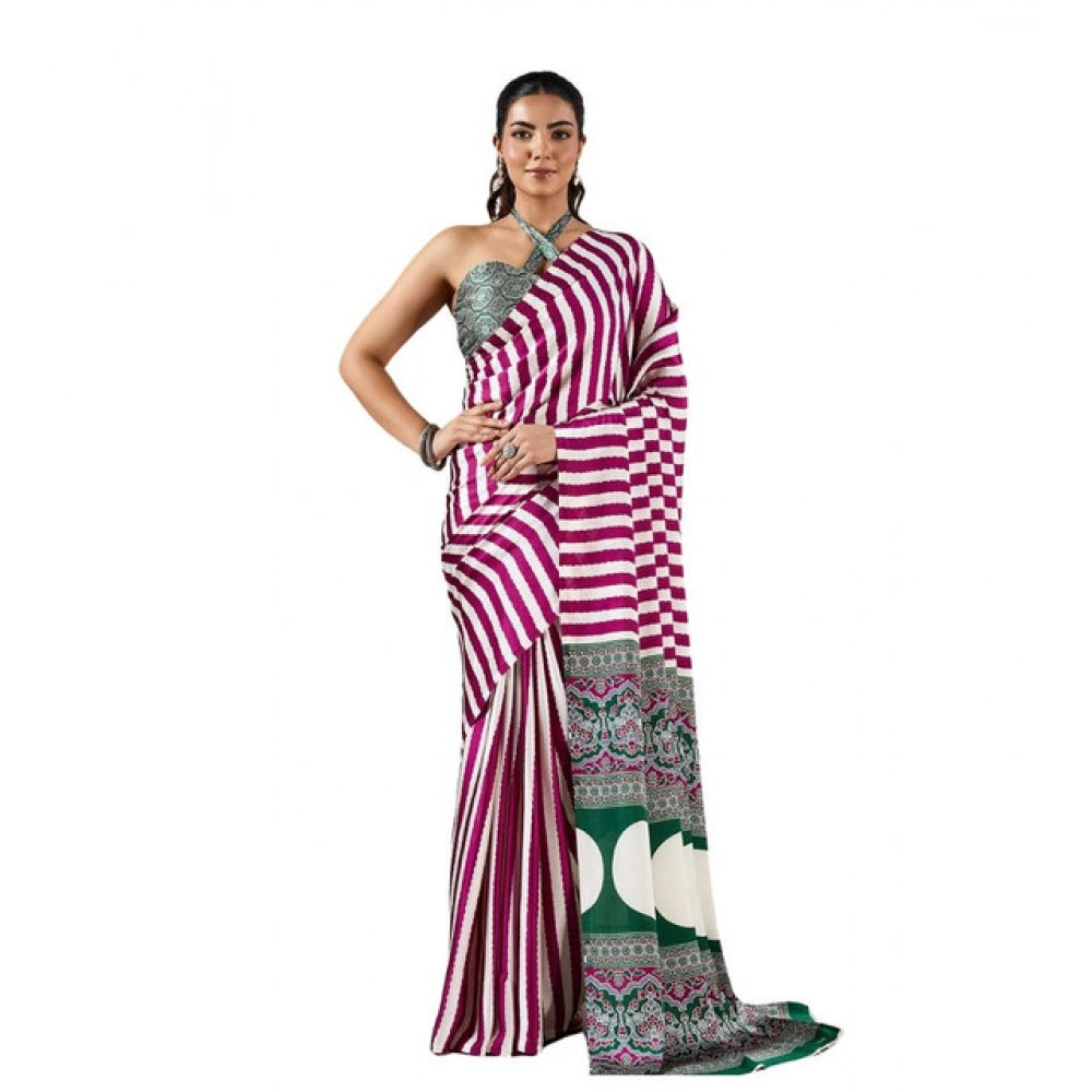 Vaystra Satin Crepe Printed Saree With Unstitched Blouse 5.5Mtr – Magenta