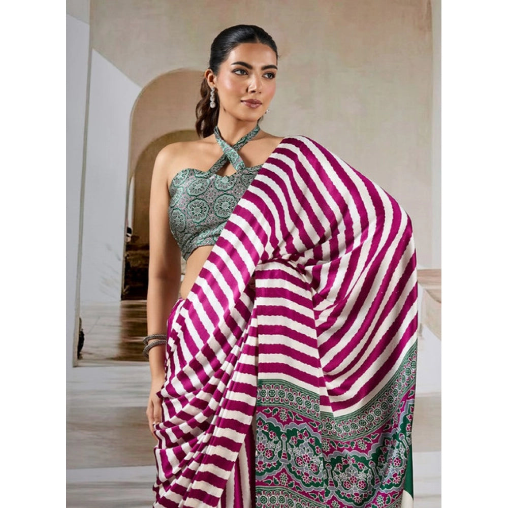 Vaystra Satin Crepe Printed Saree With Unstitched Blouse 5.5Mtr – Magenta