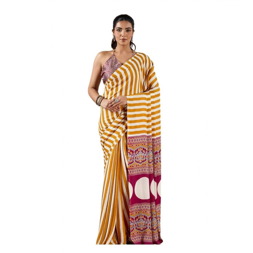 Vaystra Satin Crepe Printed Saree With Unstitched Blouse 5.5Mtr – Mustard