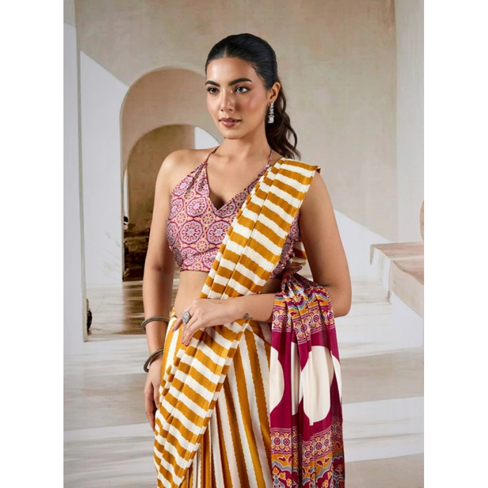 Vaystra Satin Crepe Printed Saree With Unstitched Blouse 5.5Mtr – Mustard