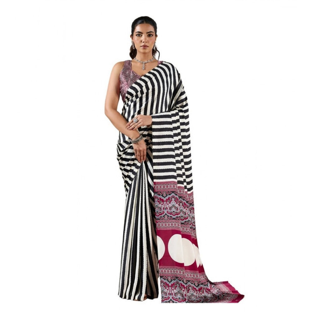 Vaystra Satin Crepe Printed Saree With Unstitched Blouse 5.5Mtr – Black