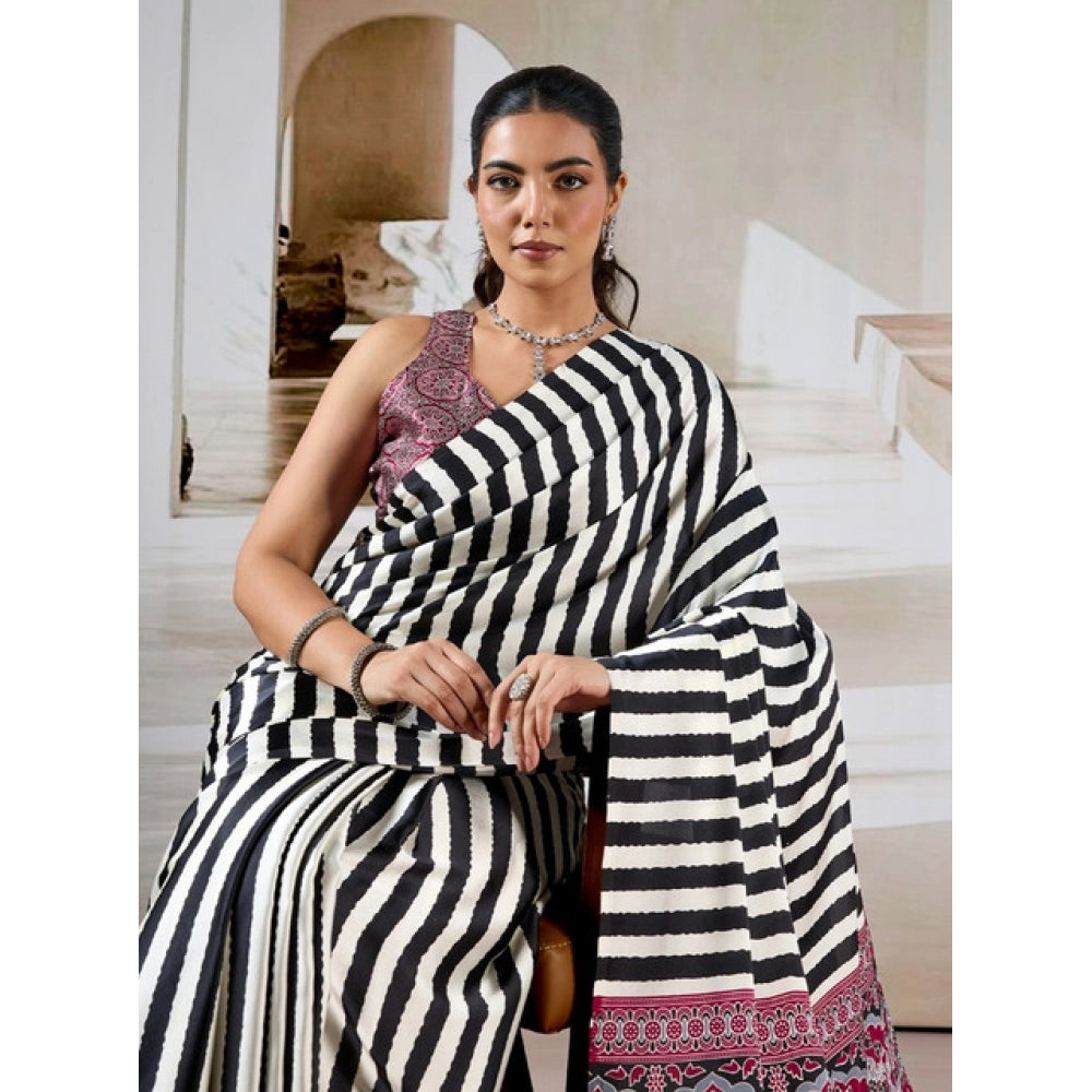Vaystra Satin Crepe Printed Saree With Unstitched Blouse 5.5Mtr – Black
