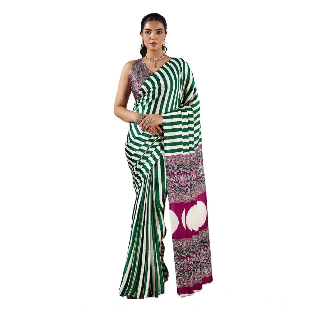 Vaystra Satin Crepe Printed Saree With Unstitched Blouse 5.5Mtr – Green