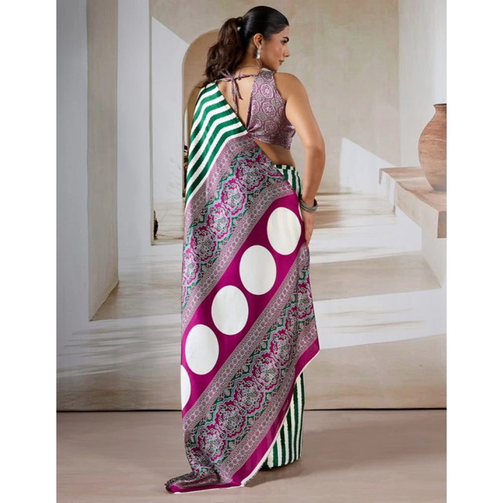 Vaystra Satin Crepe Printed Saree With Unstitched Blouse 5.5Mtr – Green