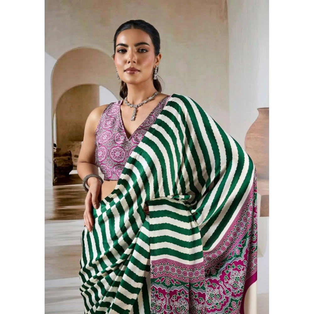Vaystra Satin Crepe Printed Saree With Unstitched Blouse 5.5Mtr – Green
