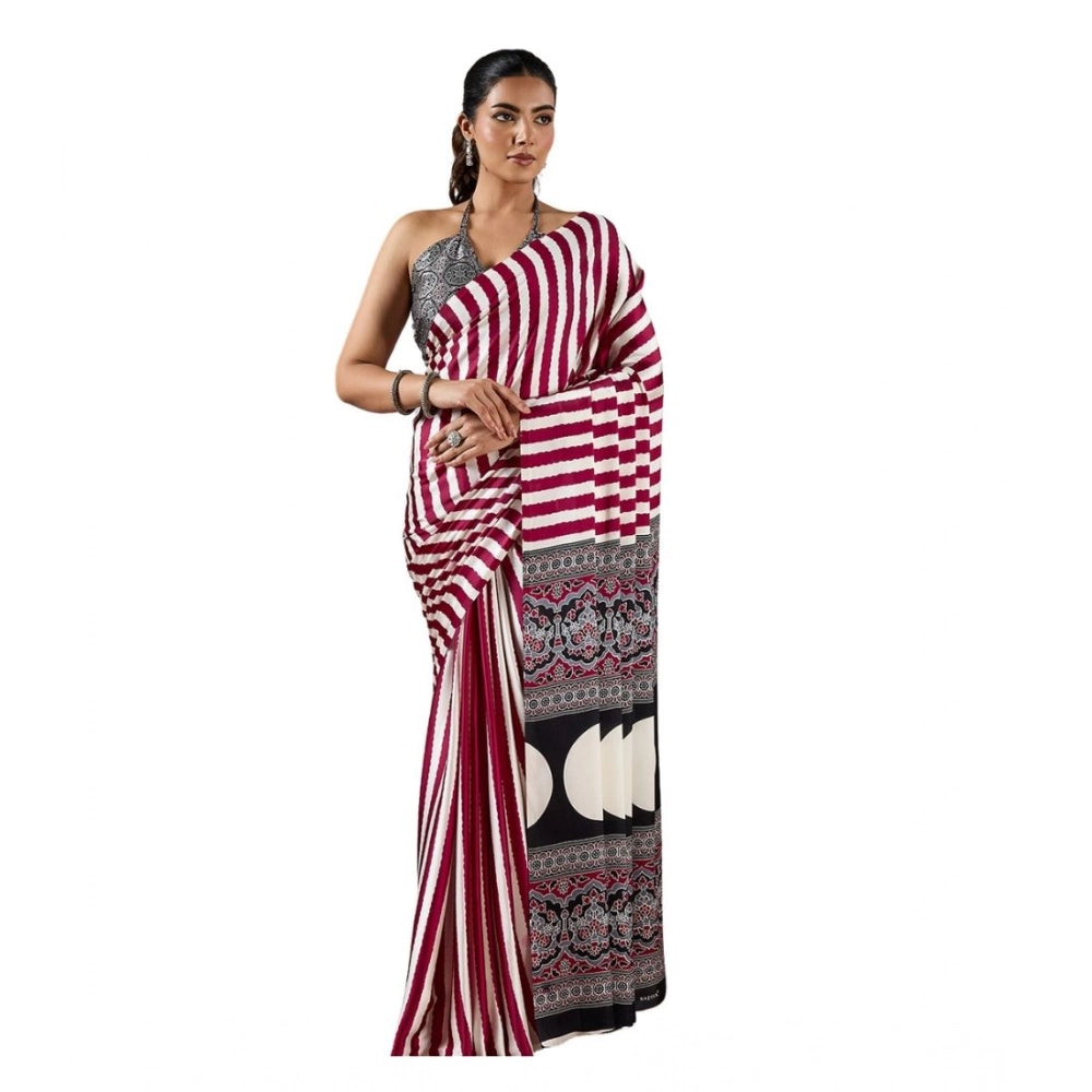 Vaystra Satin Crepe Printed Saree With Unstitched Blouse 5.5Mtr – Maroon
