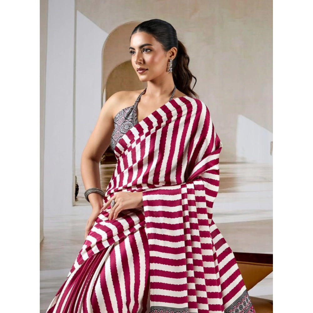 Vaystra Satin Crepe Printed Saree With Unstitched Blouse 5.5Mtr – Maroon