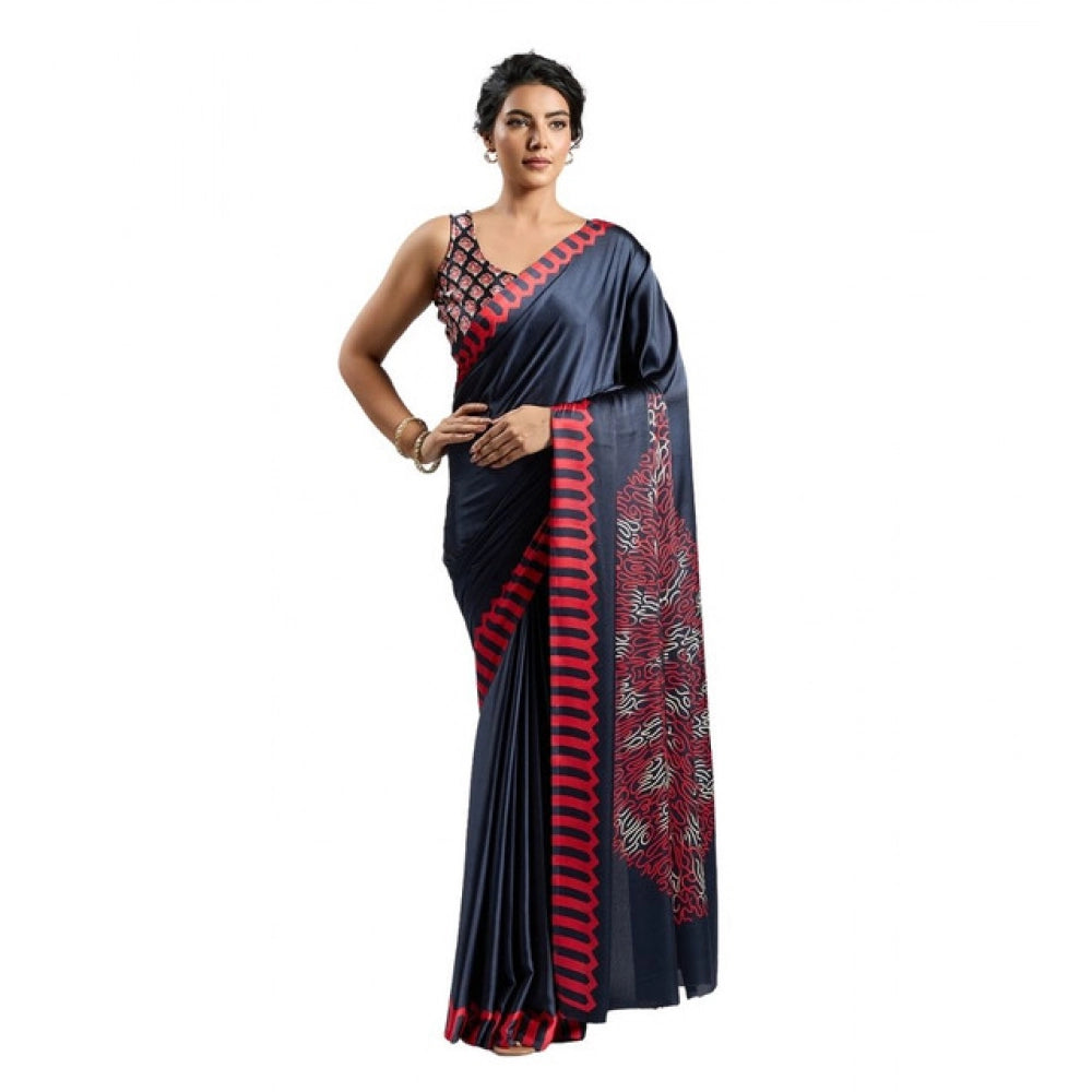 Vaystra Satin Crepe Printed Saree With Unstitched Blouse 5.5Mtr – Navy Blue