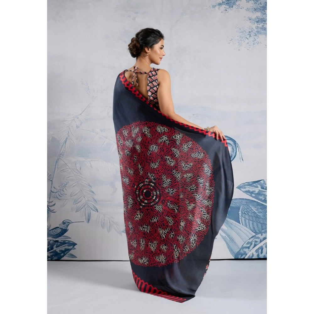 Vaystra Satin Crepe Printed Saree With Unstitched Blouse 5.5Mtr – Navy Blue