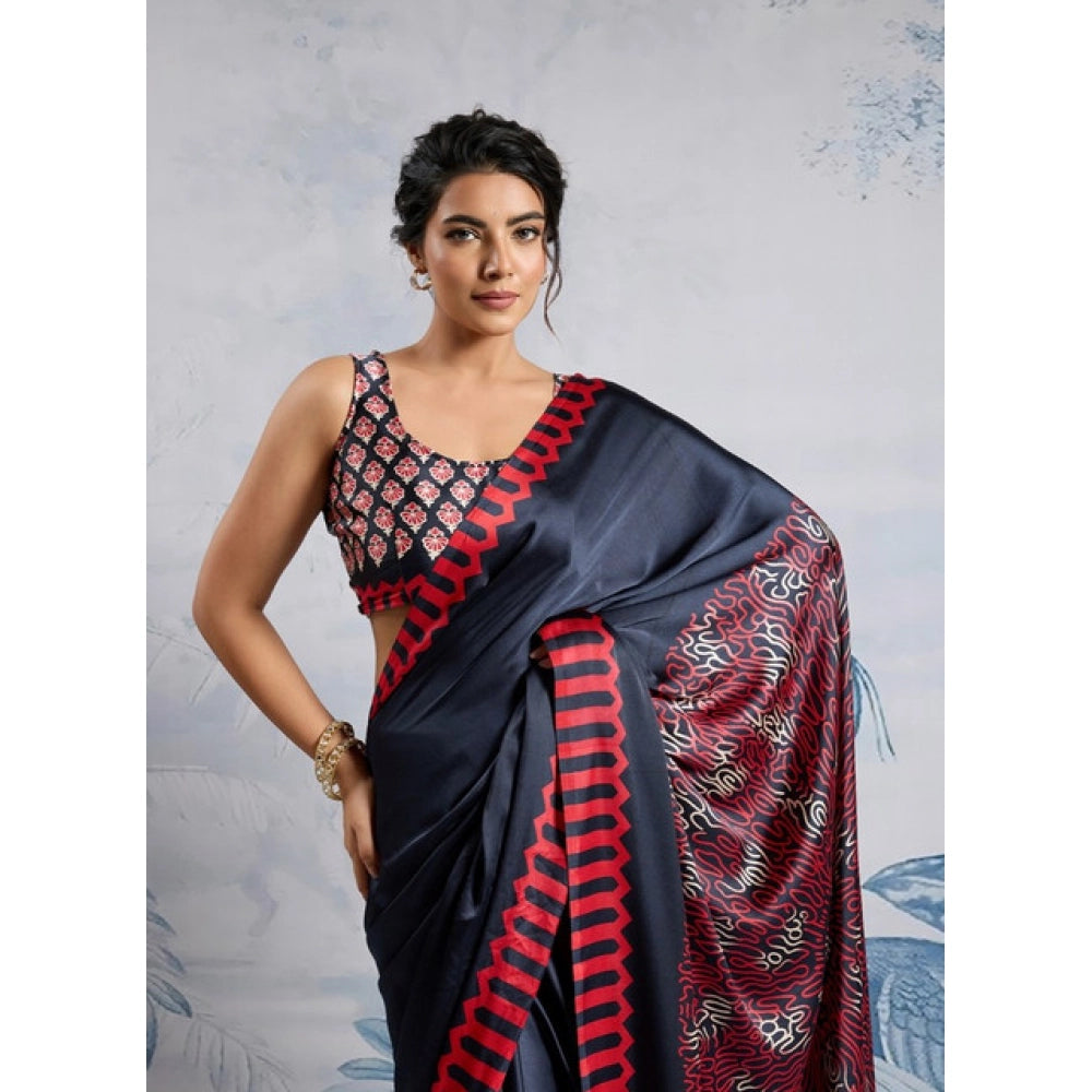 Vaystra Satin Crepe Printed Saree With Unstitched Blouse 5.5Mtr – Navy Blue