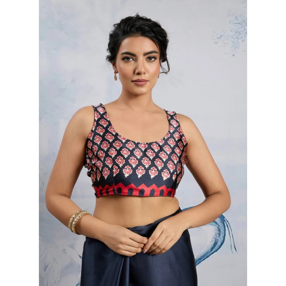 Vaystra Satin Crepe Printed Saree With Unstitched Blouse 5.5Mtr – Navy Blue