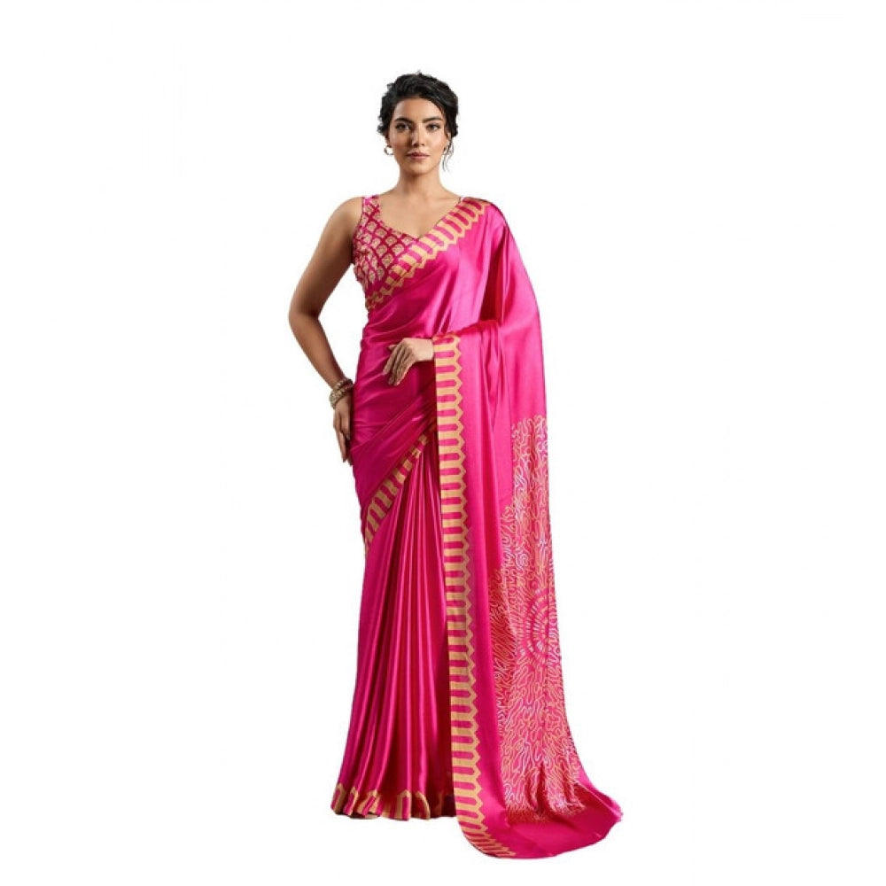 Vaystra Satin Crepe Printed Saree With Unstitched Blouse 5.5Mtr – Pink