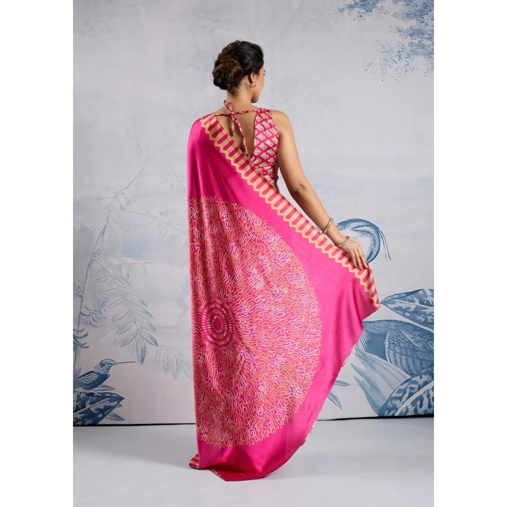 Vaystra Satin Crepe Printed Saree With Unstitched Blouse 5.5Mtr – Pink