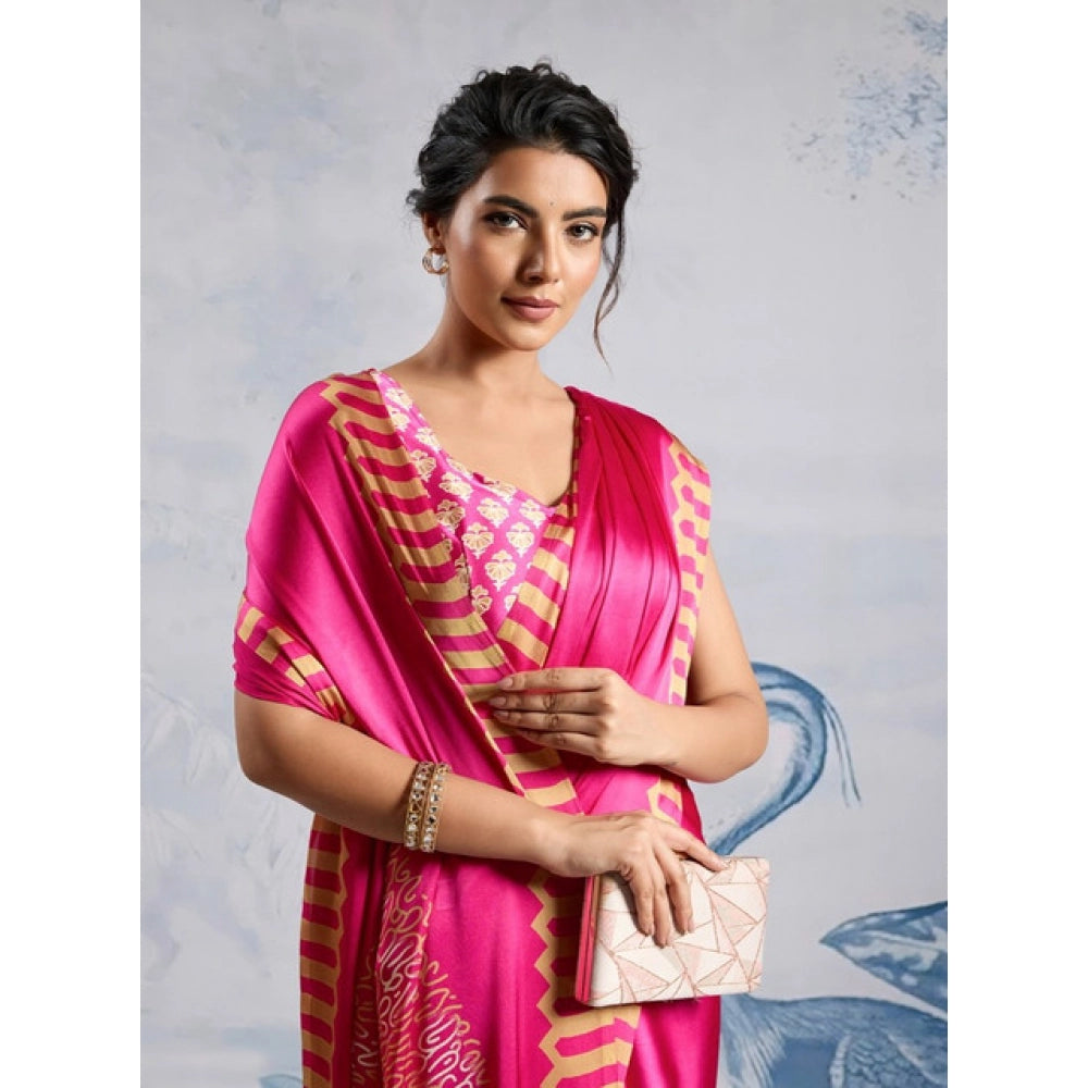 Vaystra Satin Crepe Printed Saree With Unstitched Blouse 5.5Mtr – Pink