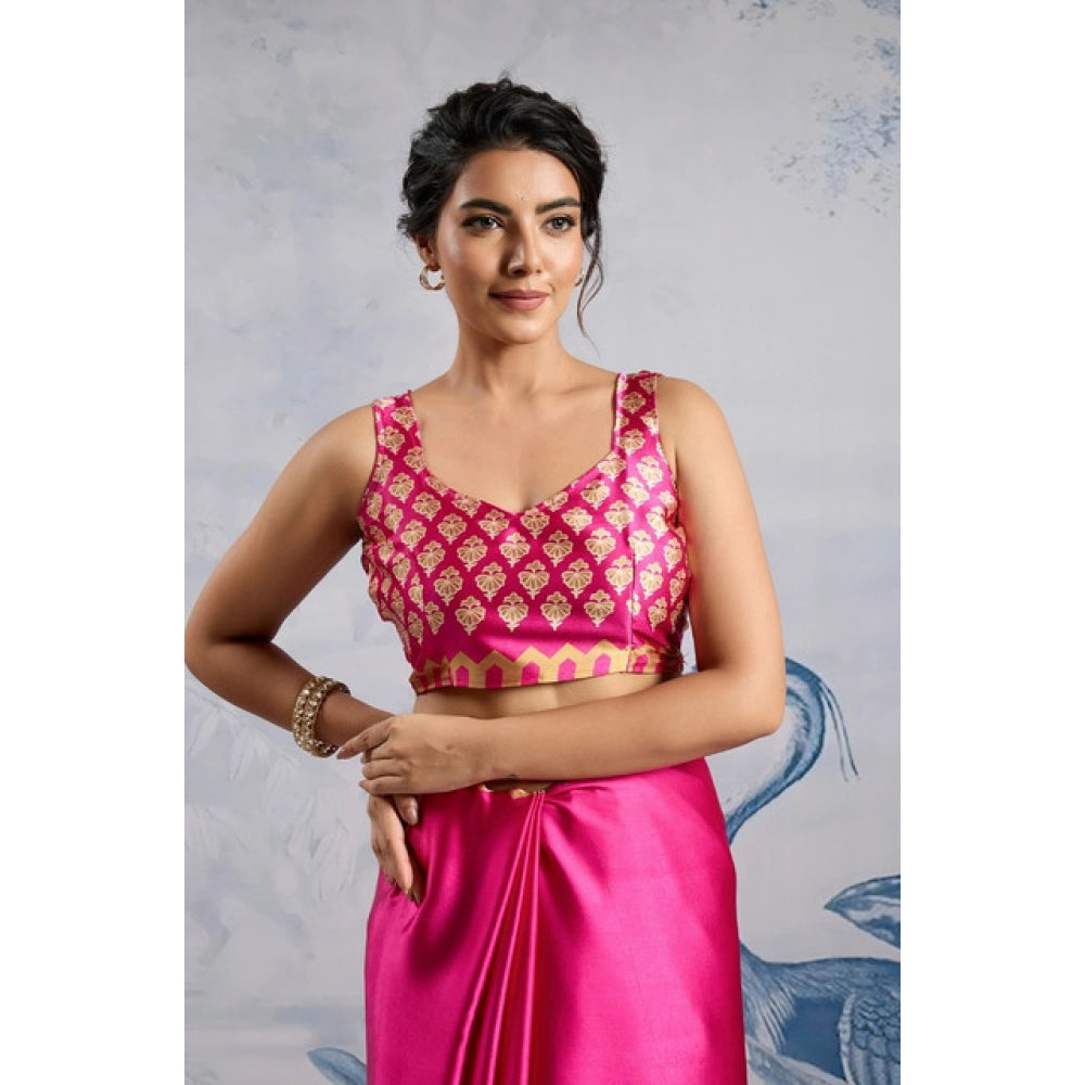 Vaystra Satin Crepe Printed Saree With Unstitched Blouse 5.5Mtr – Pink