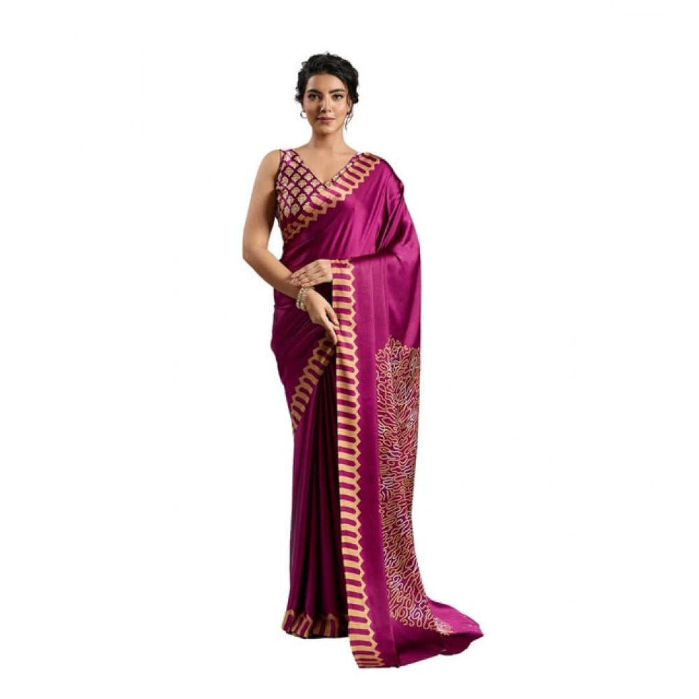 Vaystra Satin Crepe Printed Saree With Unstitched Blouse 5.5Mtr – Purple