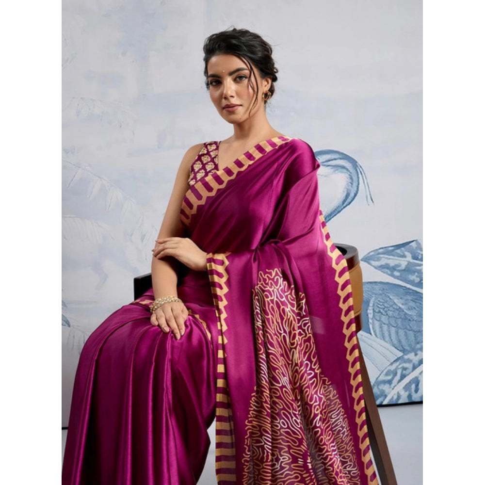Vaystra Satin Crepe Printed Saree With Unstitched Blouse 5.5Mtr – Purple