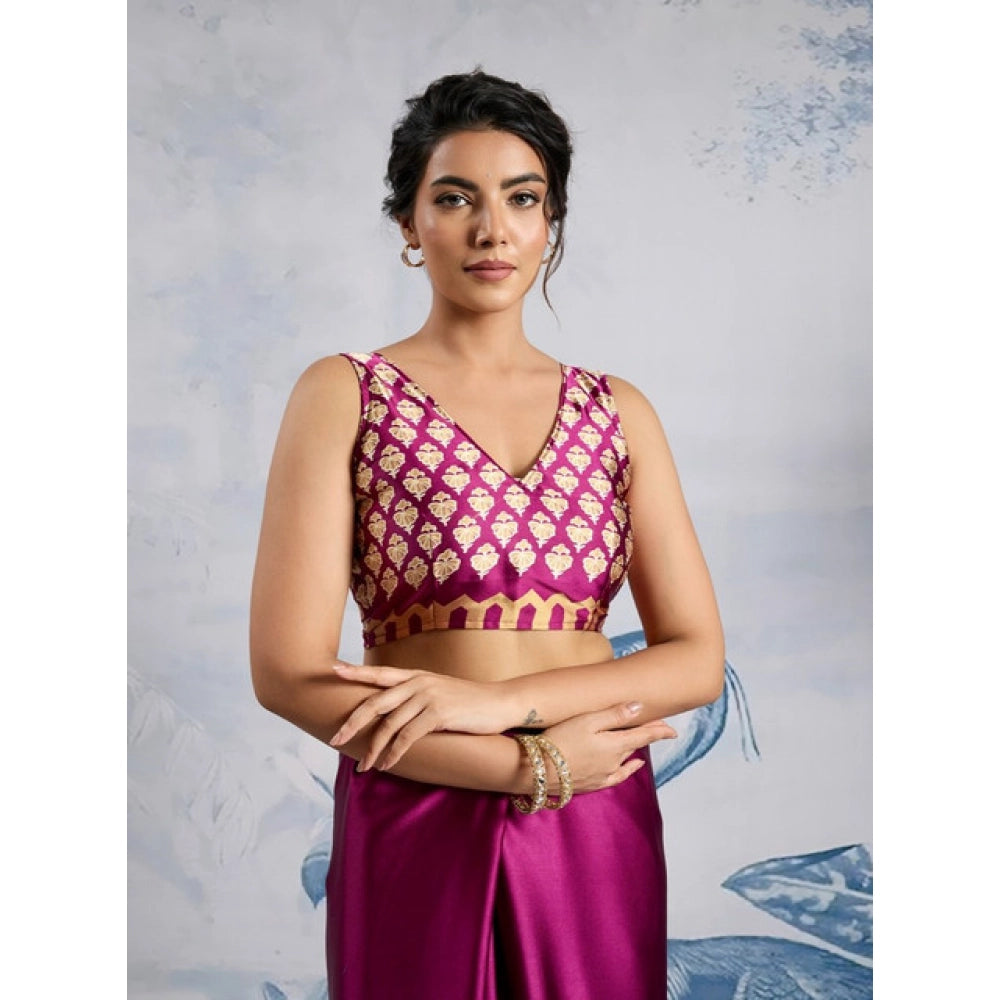 Vaystra Satin Crepe Printed Saree With Unstitched Blouse 5.5Mtr – Purple