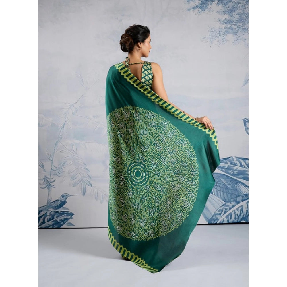 Vaystra Satin Crepe Printed Saree With Unstitched Blouse 5.5Mtr – Green