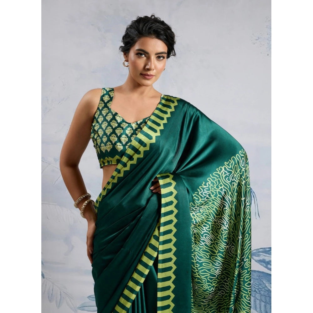 Vaystra Satin Crepe Printed Saree With Unstitched Blouse 5.5Mtr – Green