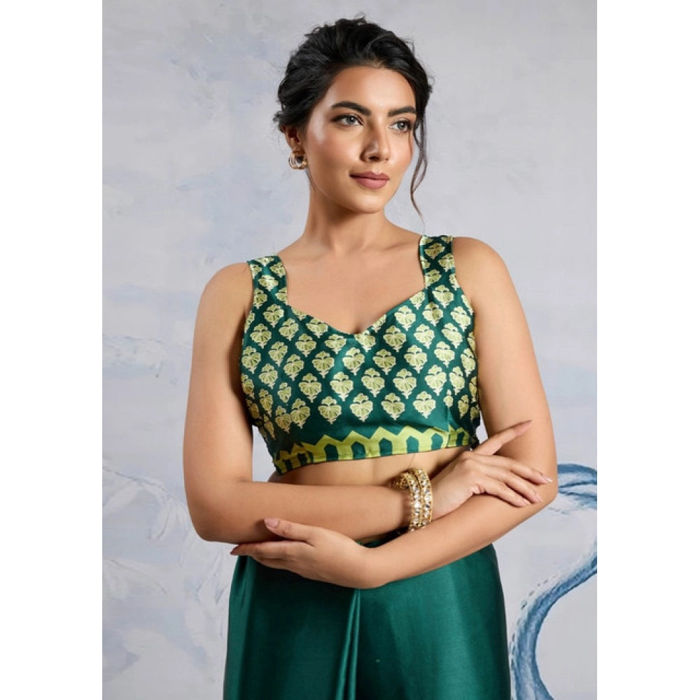 Vaystra Satin Crepe Printed Saree With Unstitched Blouse 5.5Mtr – Green