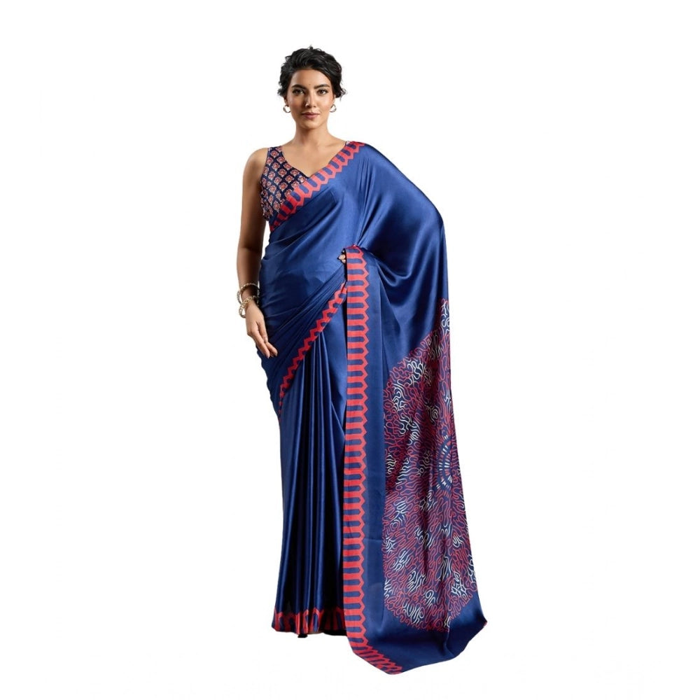 Vaystra Satin Crepe Printed Saree With Unstitched Blouse 5.5Mtr – Blue