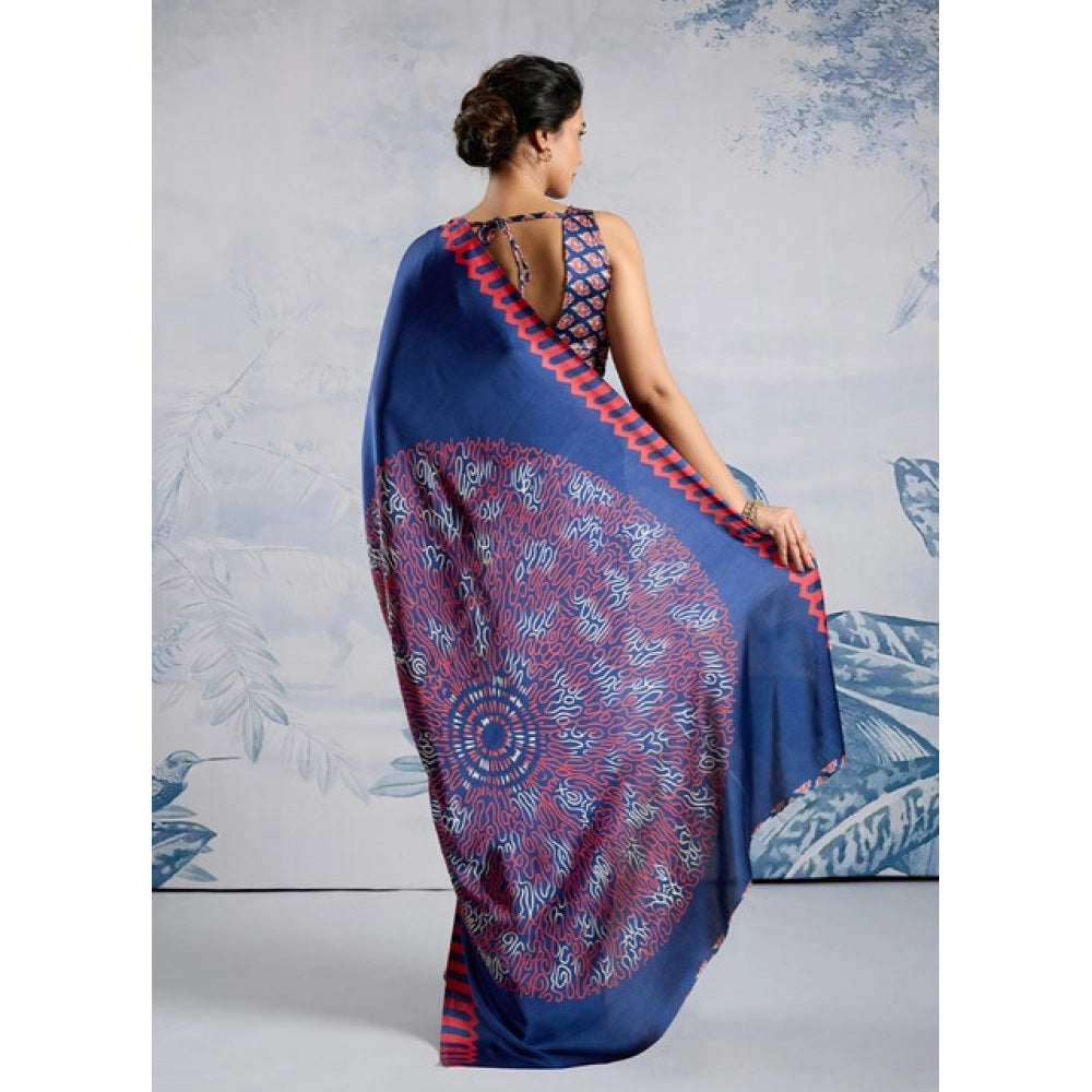 Vaystra Satin Crepe Printed Saree With Unstitched Blouse 5.5Mtr – Blue