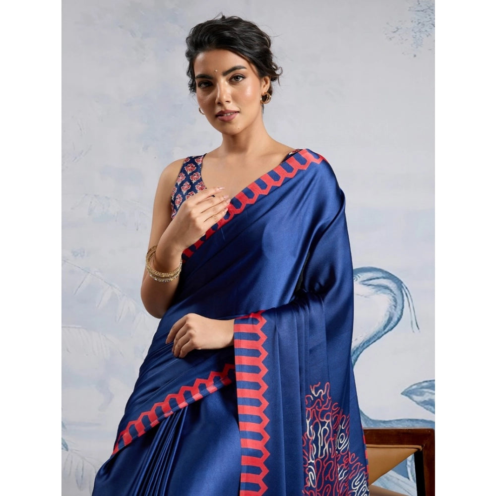Vaystra Satin Crepe Printed Saree With Unstitched Blouse 5.5Mtr – Blue