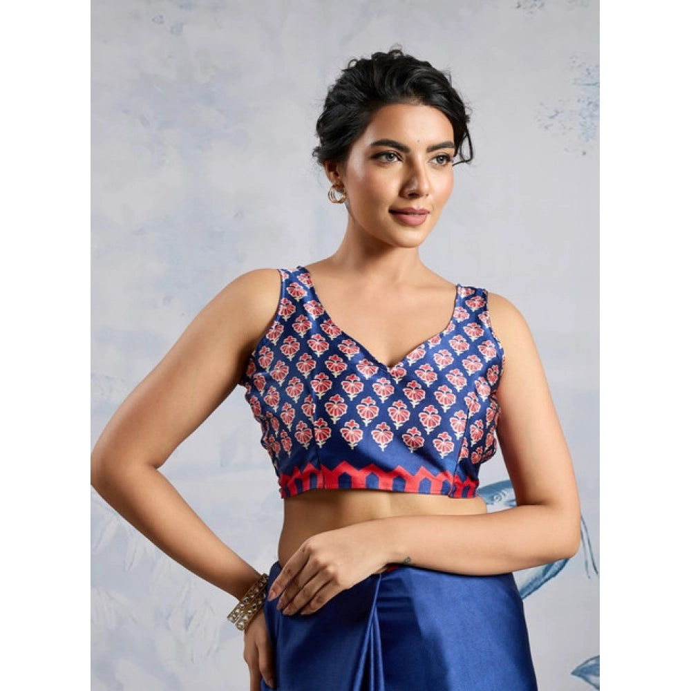 Vaystra Satin Crepe Printed Saree With Unstitched Blouse 5.5Mtr – Blue